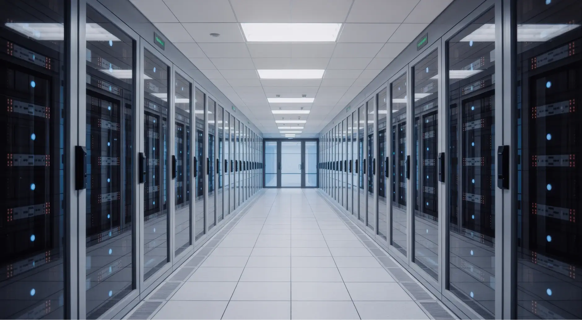 Interior corridor of a modern data center with rows of server racks and cooling infrastructure